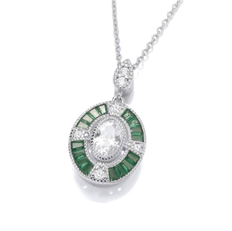 SILVER EMERALD & CZ DECO STYLE OVAL PENDANT ON CHAIN