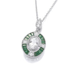 SILVER EMERALD & CZ DECO STYLE OVAL PENDANT ON CHAIN