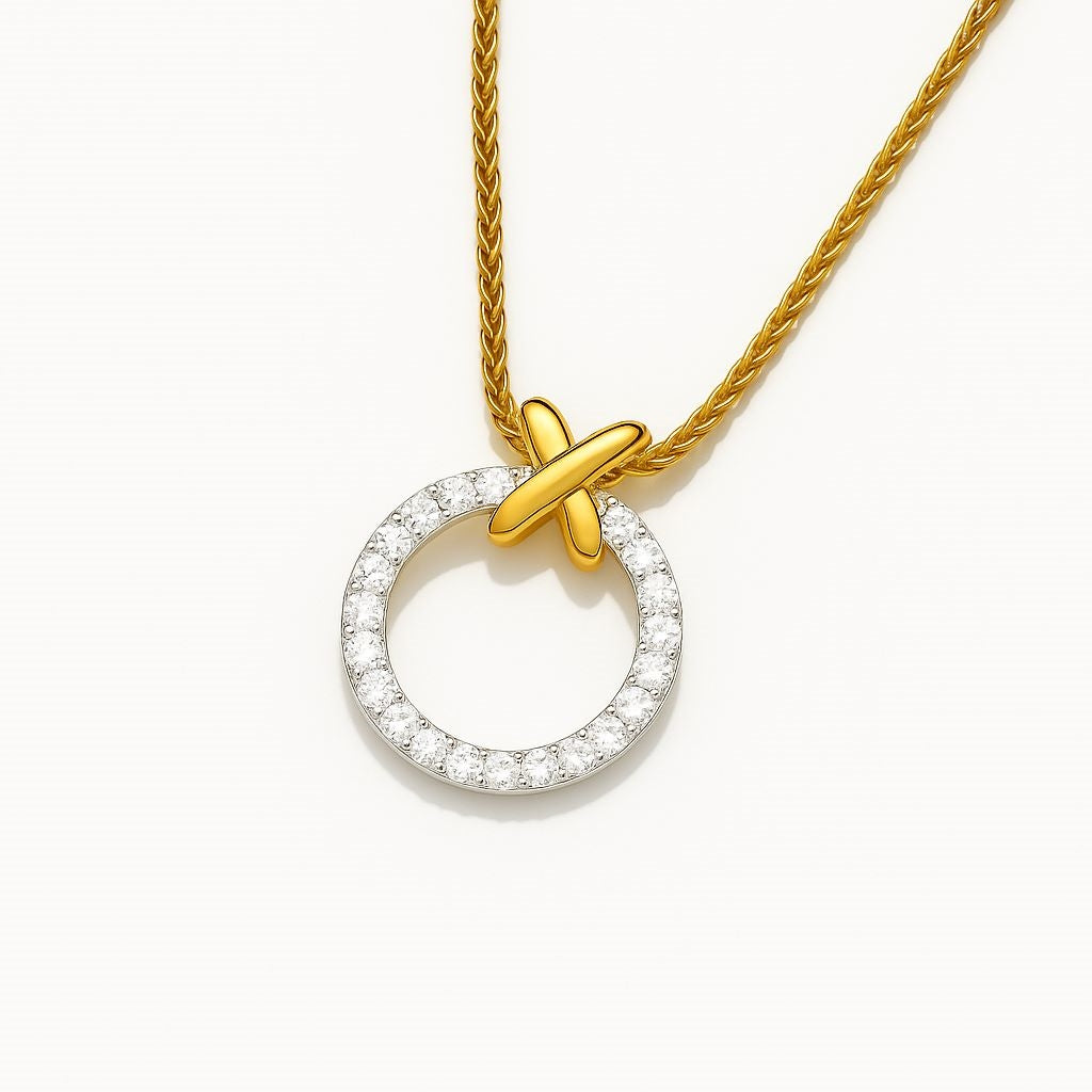 SILVER GOLD VERMEIL CIRCULAR OPEN CZ & KISS PENDANT & CHAIN