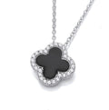 SILVER CZ & BLACK ENAMEL VINTAGE CLOVER PENDANT ON CHAIN