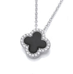 SILVER CZ & BLACK ENAMEL VINTAGE CLOVER PENDANT ON CHAIN