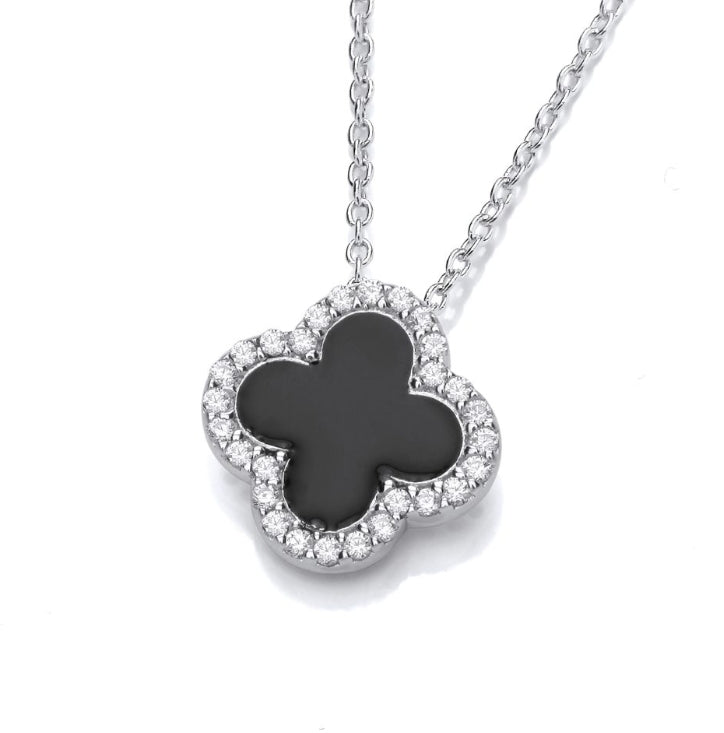 SILVER CZ & BLACK ENAMEL VINTAGE CLOVER PENDANT ON CHAIN