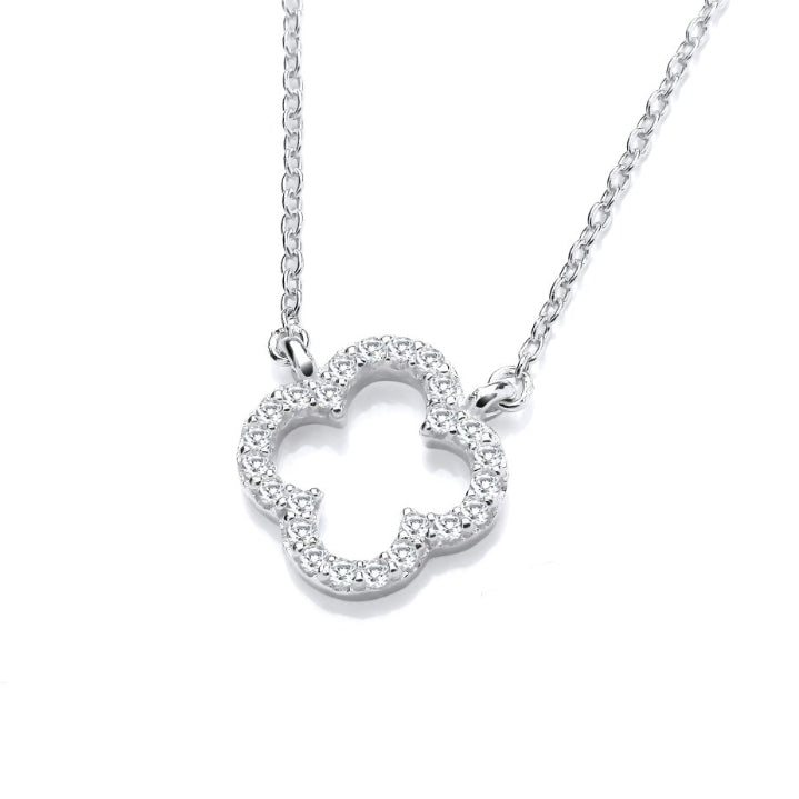 SILVER OPEN CZ CLOVER MODERN VINTAGE PENDANT & CHAIN