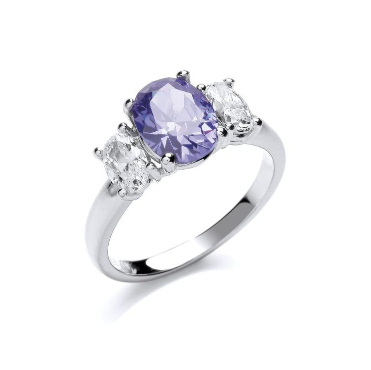 SILVER OVAL TANZANITE CUBIC ZIRCONIA 3 STONE RING