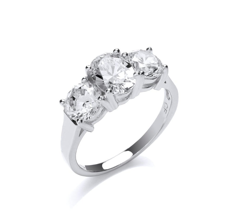 SILVER OVAL & 2 ROUND CUBIC ZIRCONIA RING