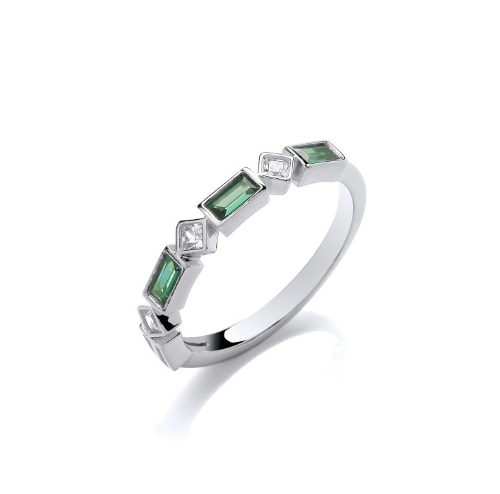 SILVER EMARALD & SQUARE CUBIC ZIRCONIA 7 STONE RING