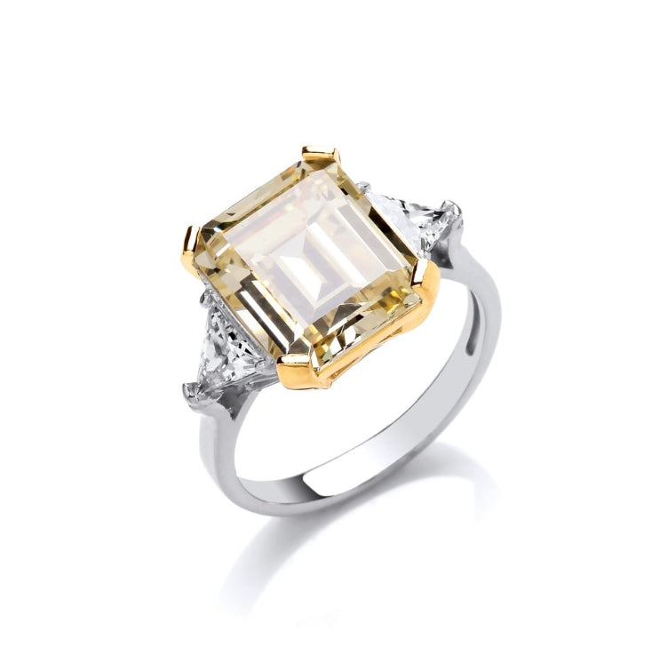 SILVER SQUARE CITRINE CUBIC ZIRCONIA 3 STONE RING