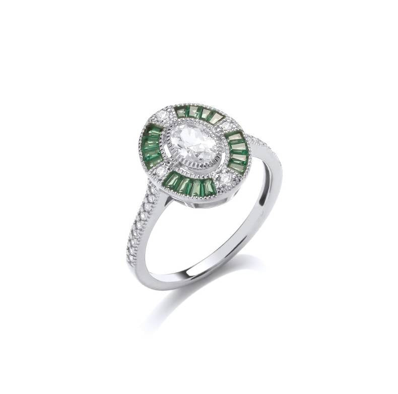 SILVER EMERALD & CZ DECO STYLE RING