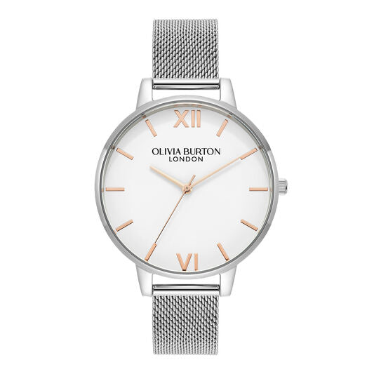 LDS SS OLIVIA B RND WHT RG BATT 38MM DL MESH BW