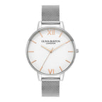 LDS SS OLIVIA B RND WHT RG BATT 38MM DL MESH BW