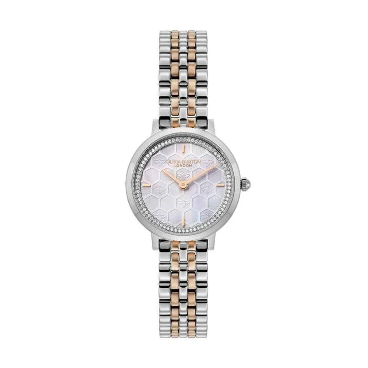 LDS SS RGP OLIVIA B RND BEE HONEYCOMB SILV 28MM DL CZ OUTER BEZEL