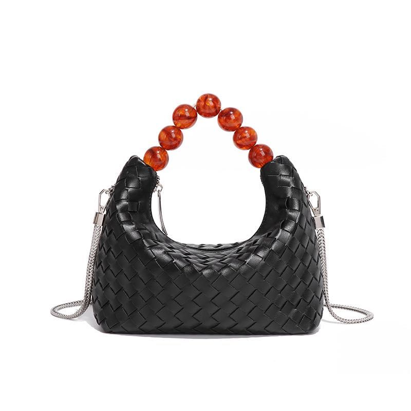 Woven Tote Bag with Beaded Handle in Black
