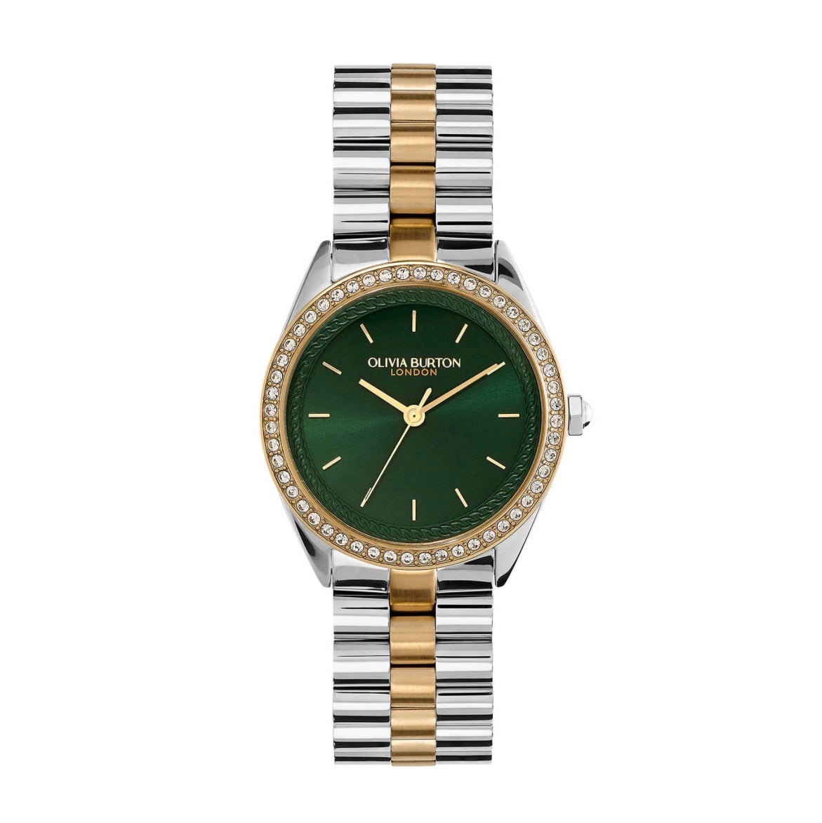 LDS TT GP OLIVIA B RND GRN 34MM DL CZ OUTER BEZEL BW