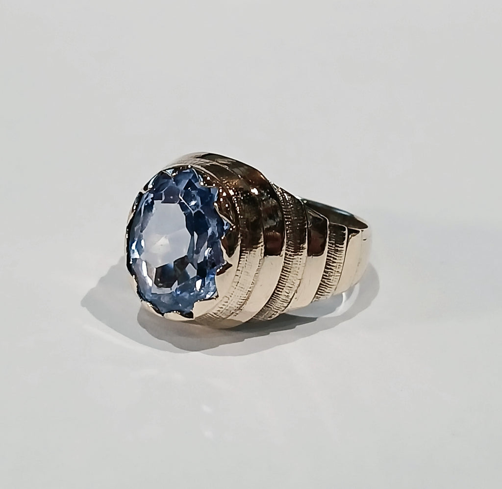 9YG 6.1G OVAL BLUE TOPAZ SIGNET STYLE RING L | PRE OWNED