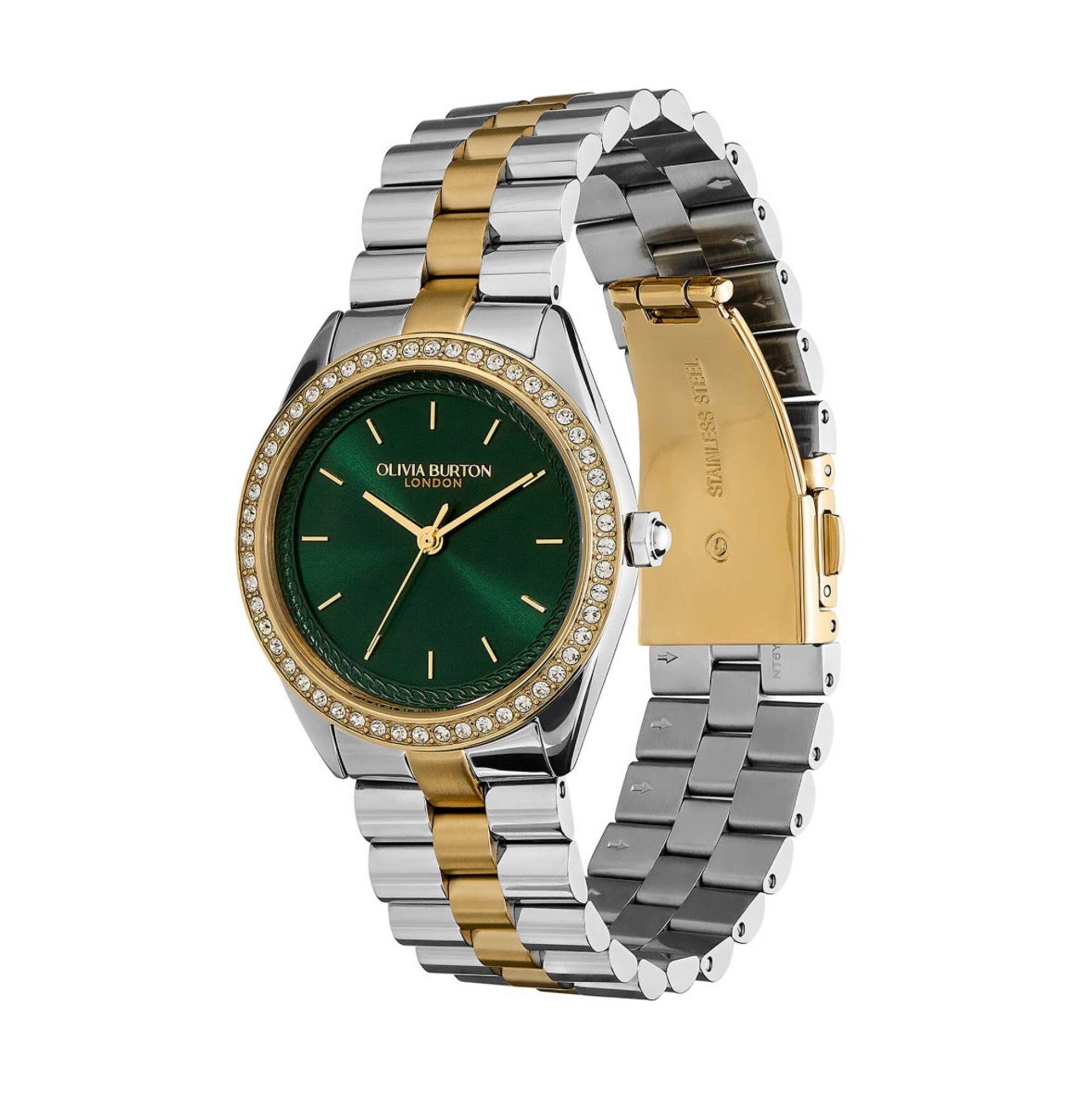 LDS TT GP OLIVIA B RND GRN 34MM DL CZ OUTER BEZEL BW
