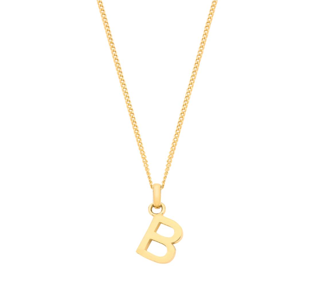 9CT YELLOW GOLD INITIAL B PENDANT ON FINE CURB CHAIN