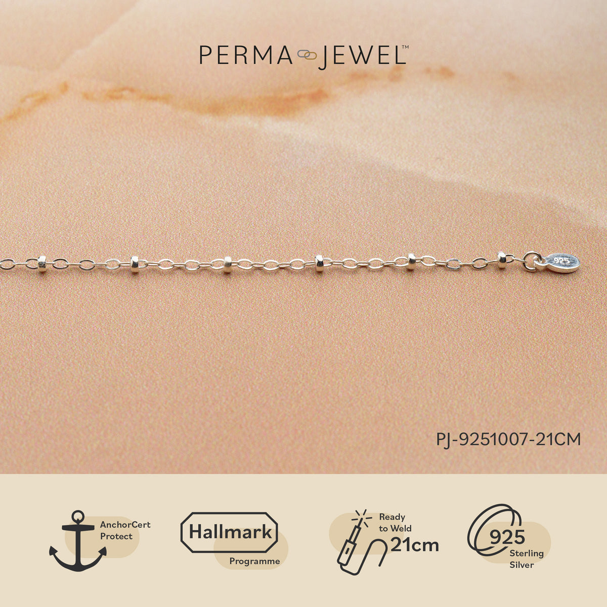 SILVER 1.5MM CABLE LINK WITH 2MM BEADS BRACELET - PERMA JEWEL