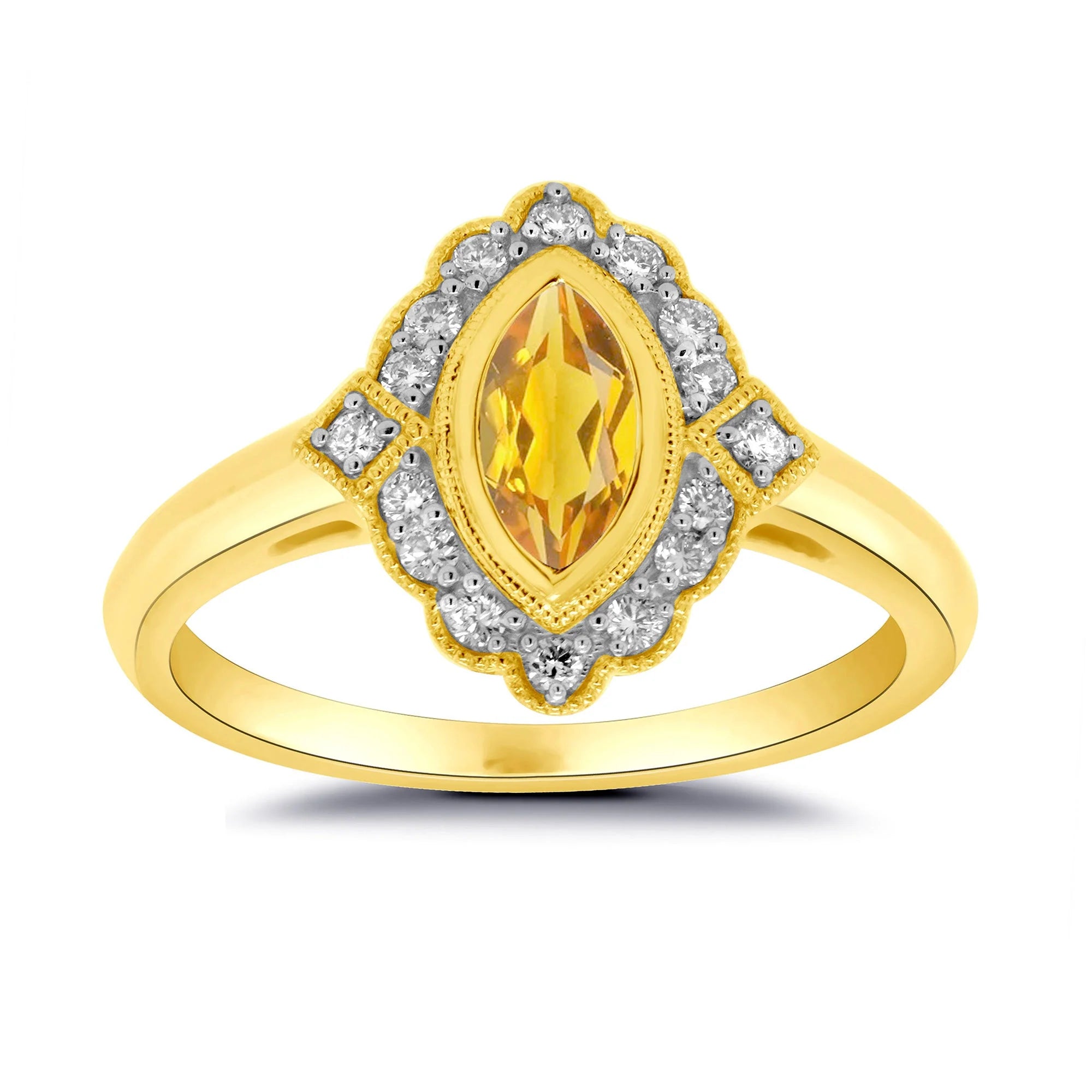 9CT YG POINTED OVAL CITRINE RS DIA 0.15CTS DECO STYLE RING