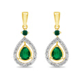 9CT YG DIAMOND HALO & EMER TEAR DROP EARRINGS