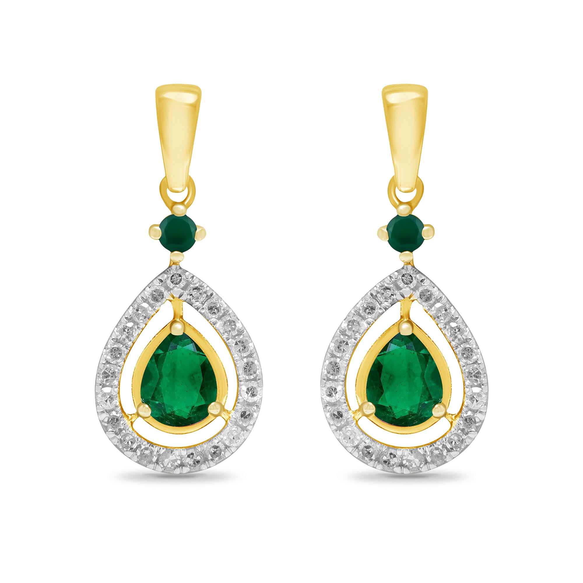 9CT YG DIAMOND HALO & EMER TEAR DROP EARRINGS