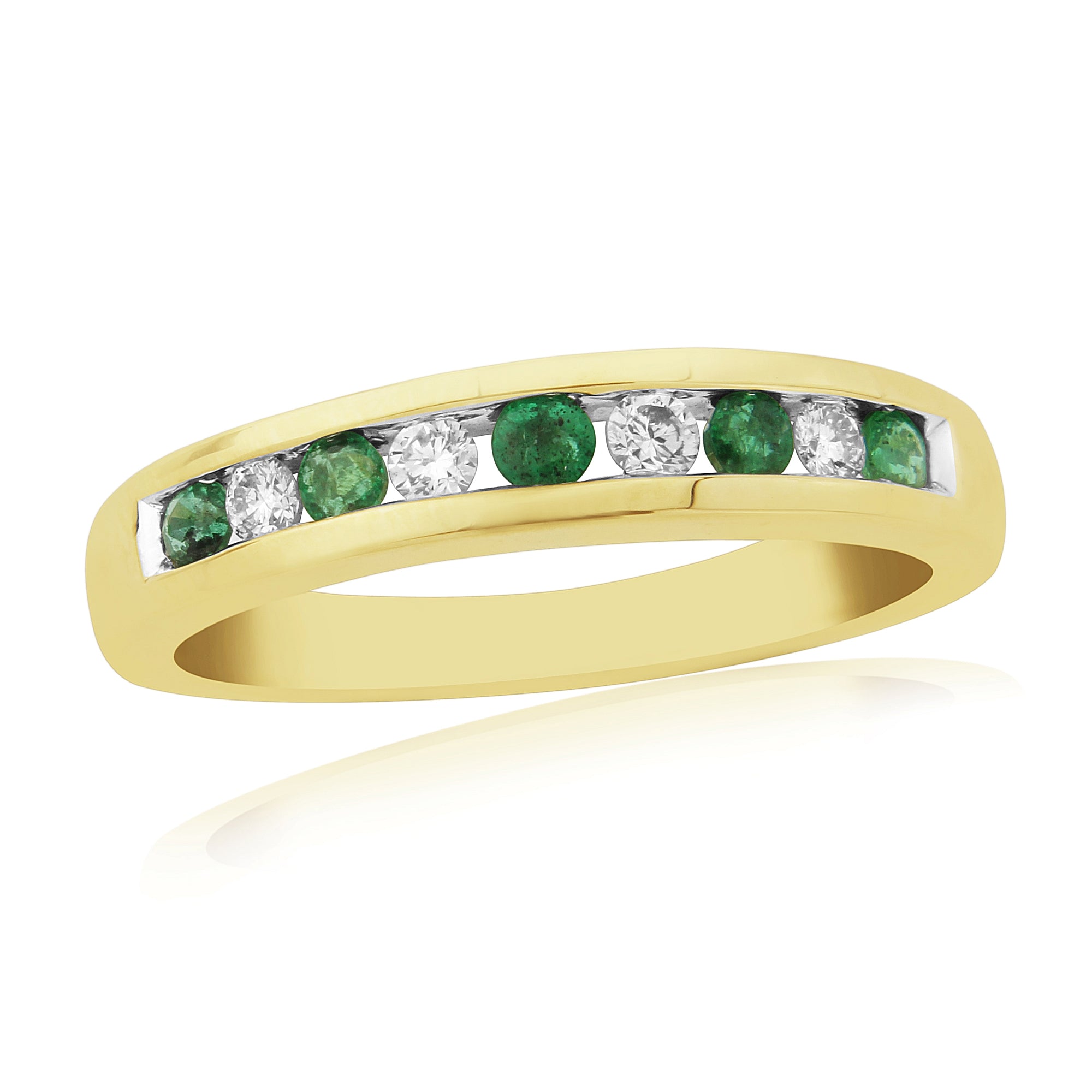 9CT YG 4 DIAMOND 0.14CT 5 EMERALD CHANNEL 1/2 ET RING