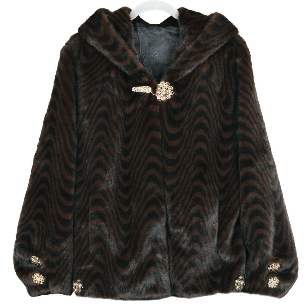 Faux Fur Hooded Coat with Crystal Brooches in Brown