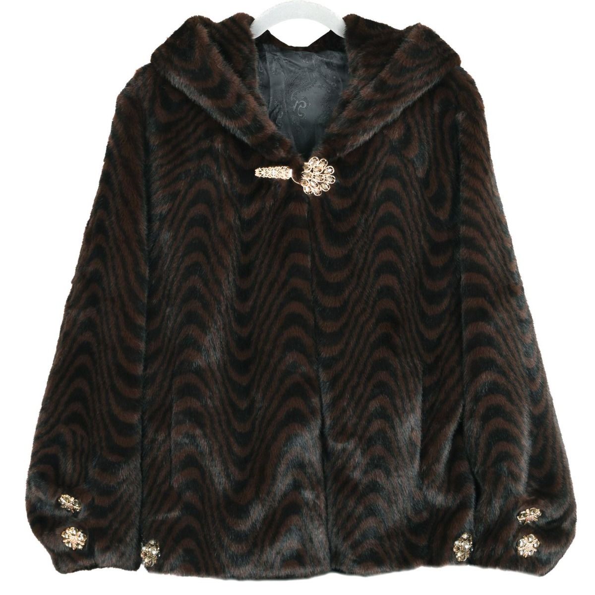 Faux Fur Hooded Coat with Crystal Brooches in Brown