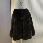 Faux Fur Hooded Coat with Crystal Brooches in Brown