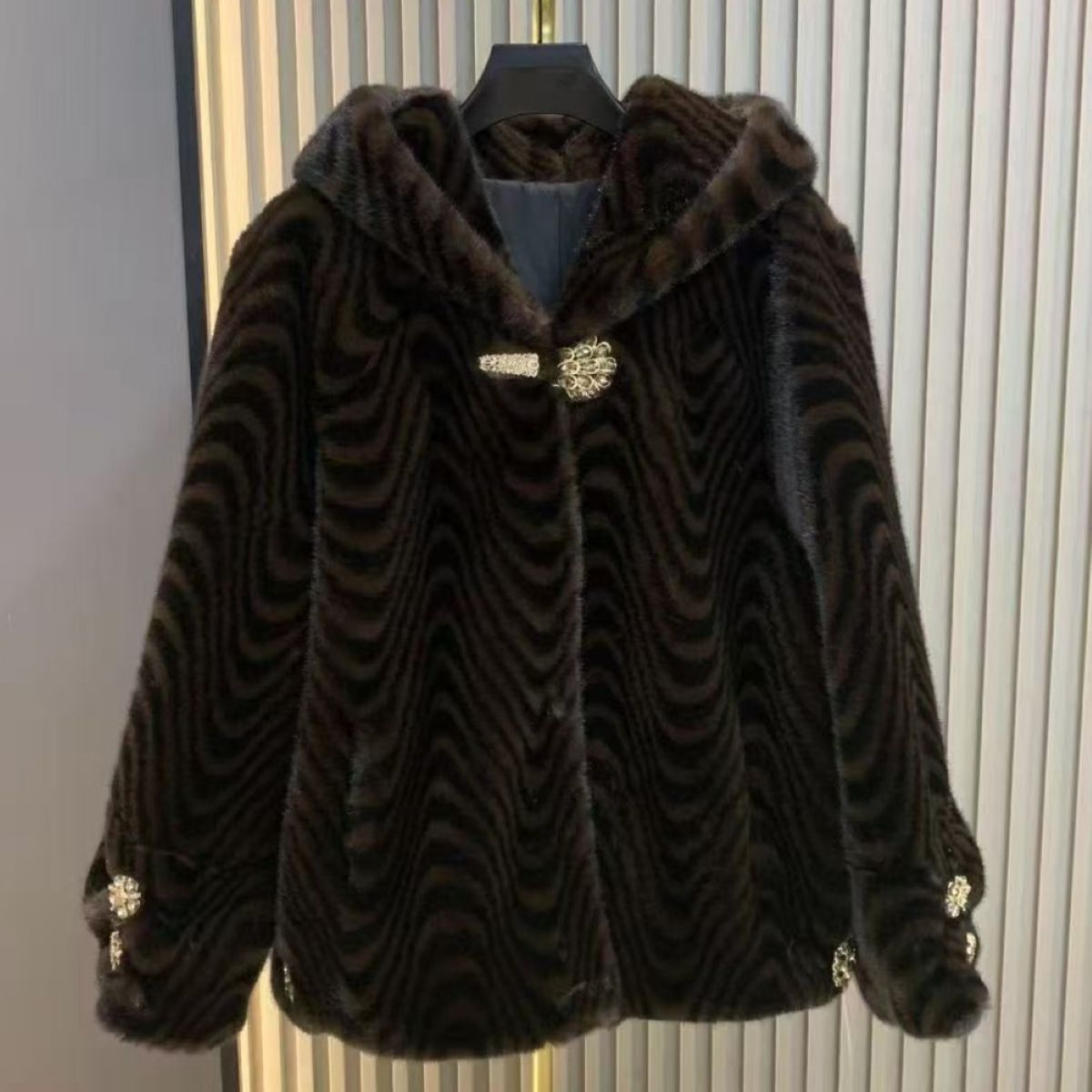 Faux Fur Hooded Coat with Crystal Brooches in Brown
