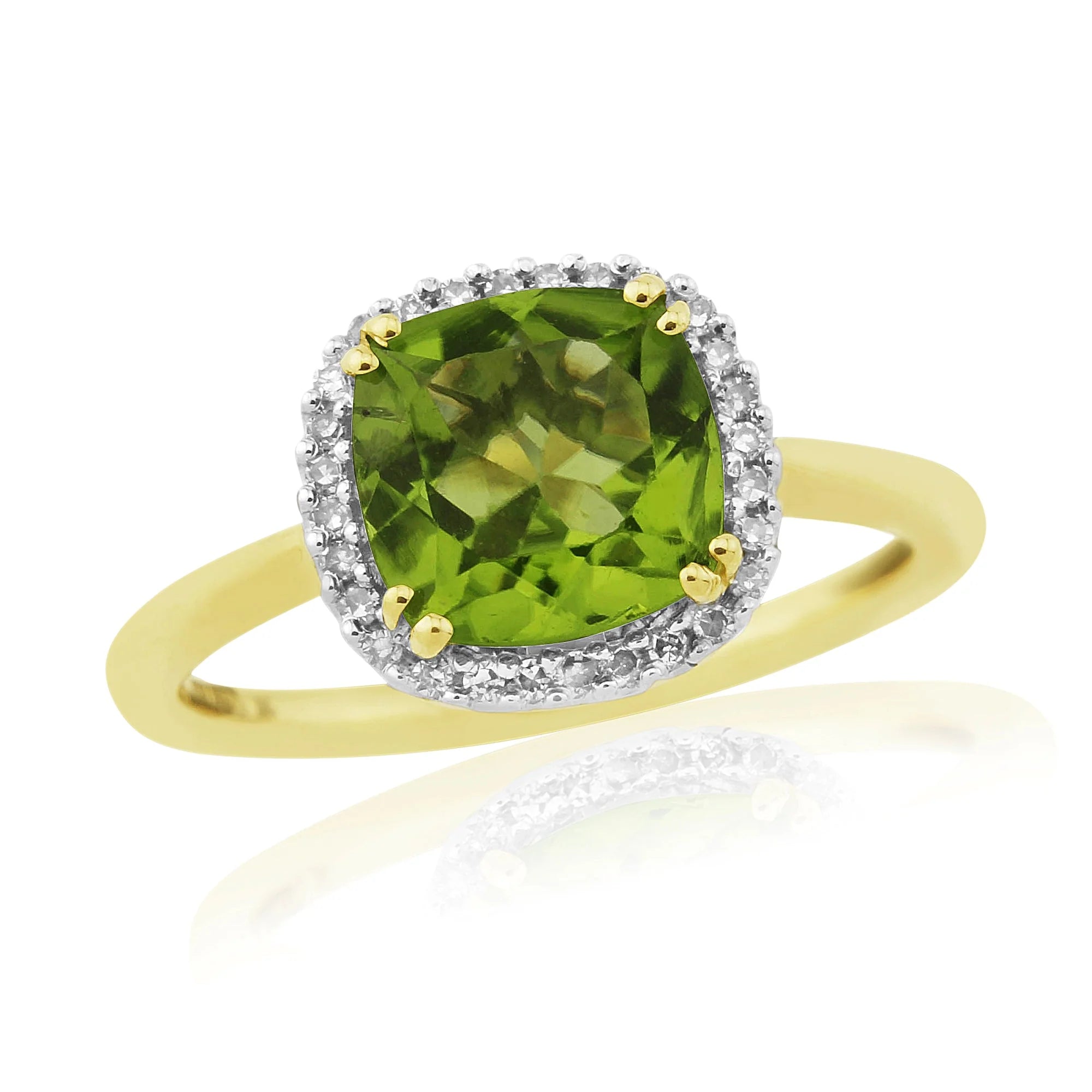 9CT YG CUSH PERIDOT & DIAMOND CLUSTER 4 CLAW RING