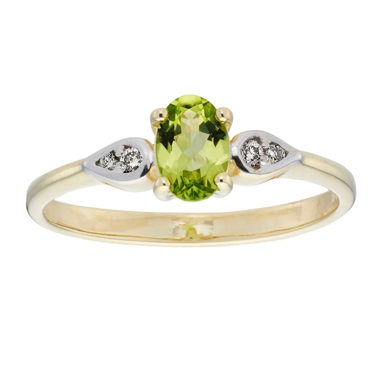 9YG OVAL 6*4mm PERIDOT & 2 DIAMOND CLAW SET RING