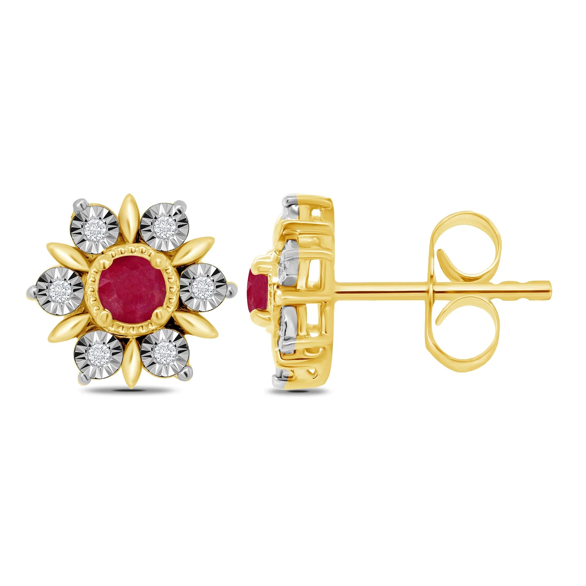 9YG RND RUBY & DIAMOND 0.04CT FLOWER STUD EARRINGS