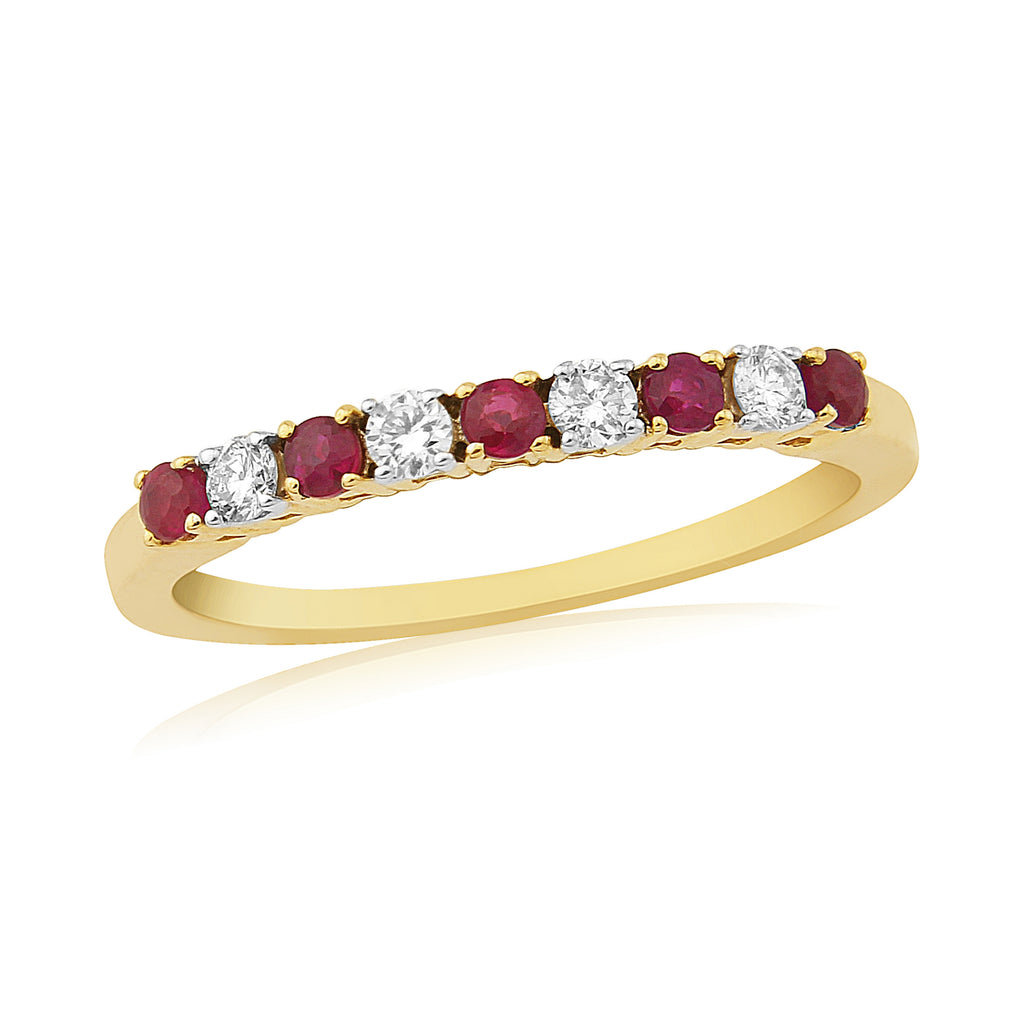 9CT YG 4 DIAM 5 RUBY CL. SET 1/2 ETERNITY RING