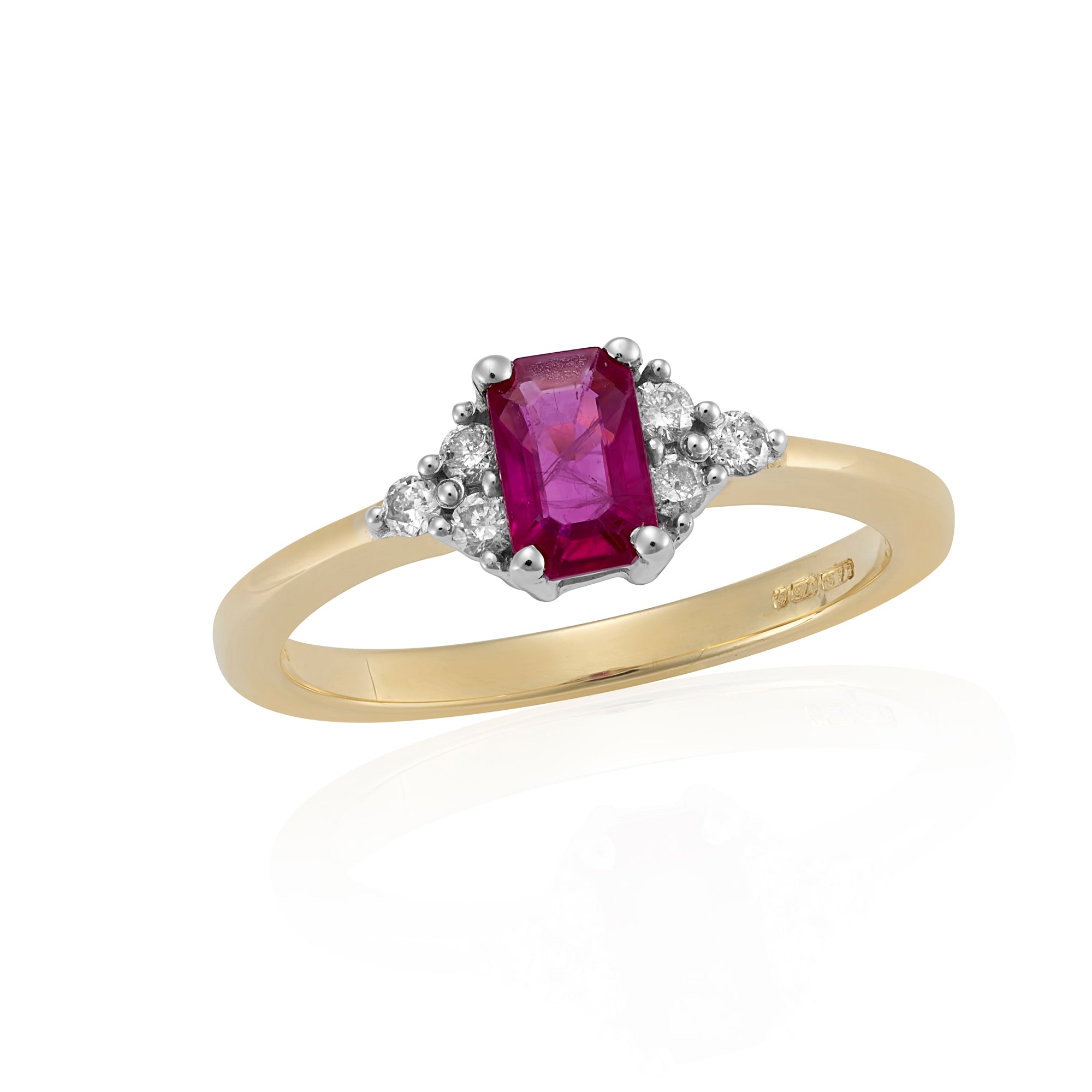 9CT YG "N" RECT RUBY & 6 DIAMOND SHLDR SET RING