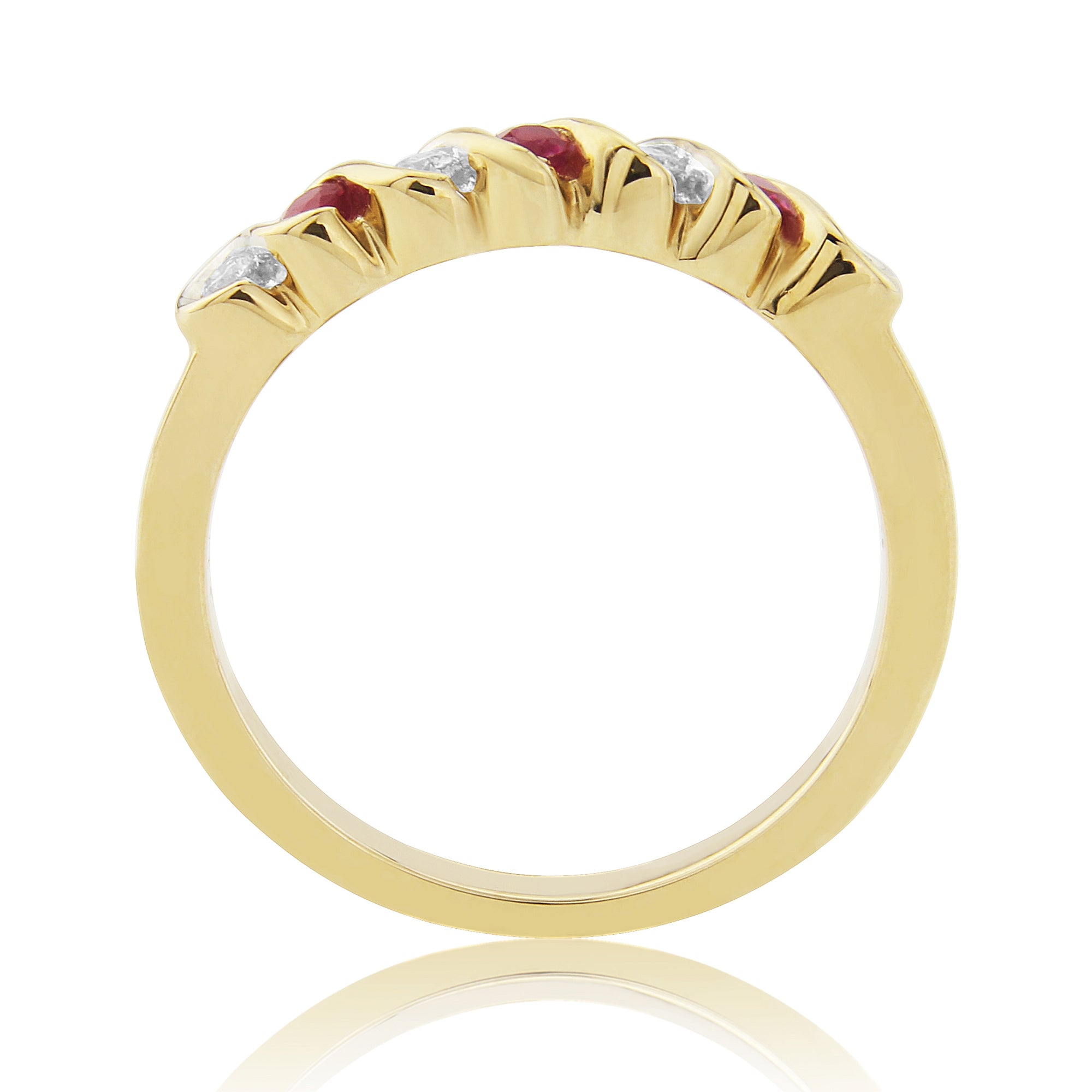 9CT YG 4 DIAM 3 RUBY SCROLL RS 1/2 ETERNITY RING