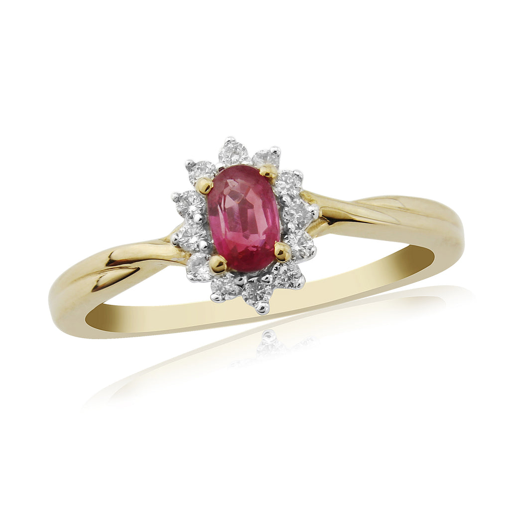 9CT YG OVAL RUBY 12 DIAMOND SURROUND CLUSTER RING
