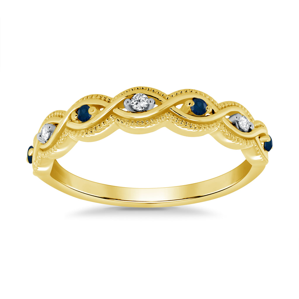 9CT YG 4 SAPP & 3 DIAM CLAW SET 1/2 ET SCROLL EDGE RING