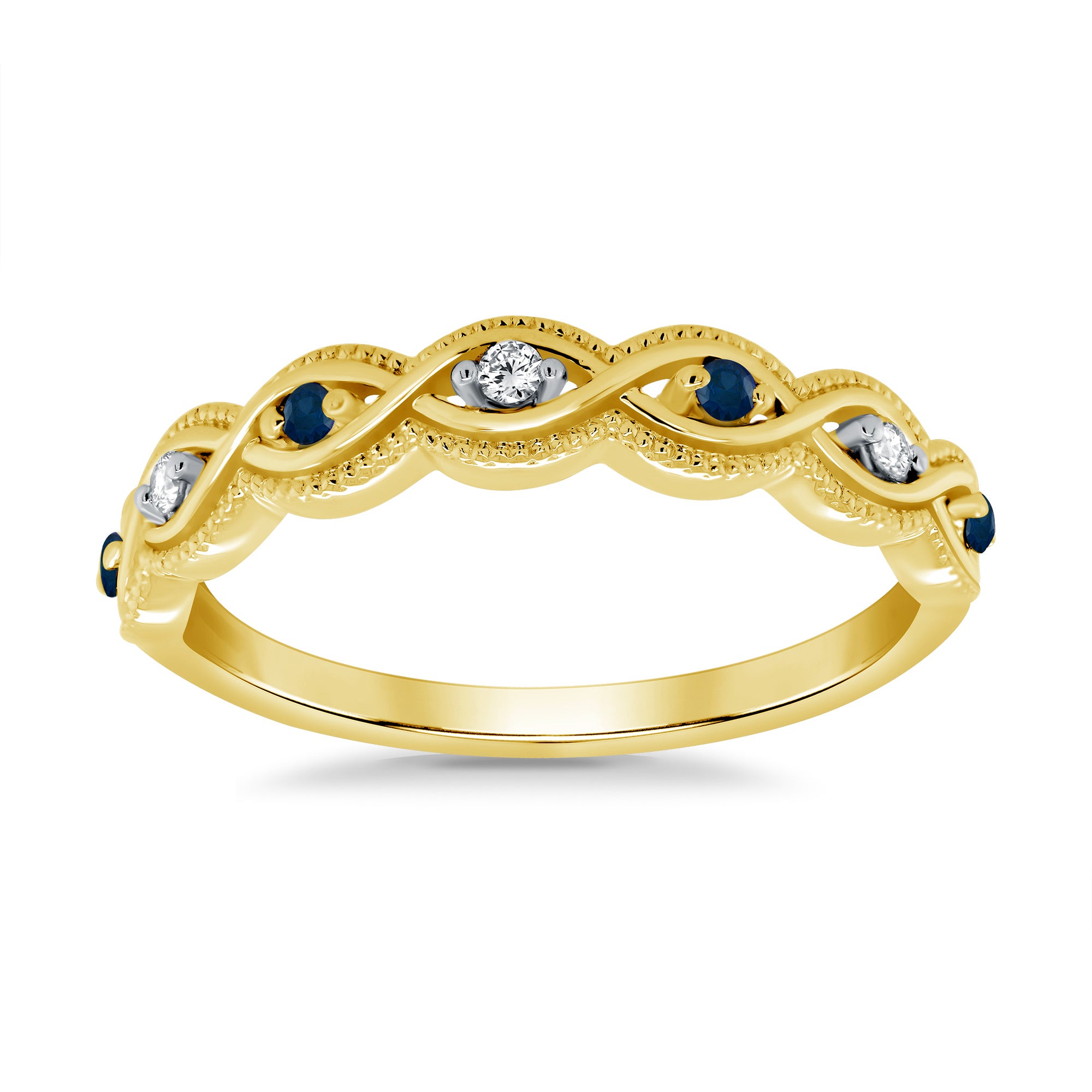 9CT YG 4 SAPP & 3 DIAM CLAW SET 1/2 ET SCROLL EDGE RING