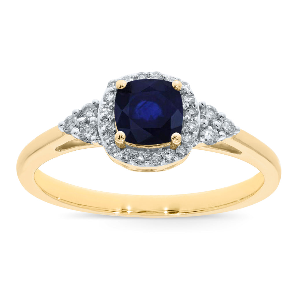9CT YG RND SAPPH & DIAMOND SQ HALO SET RING