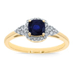 9CT YG RND SAPPH & DIAMOND SQ HALO SET RING