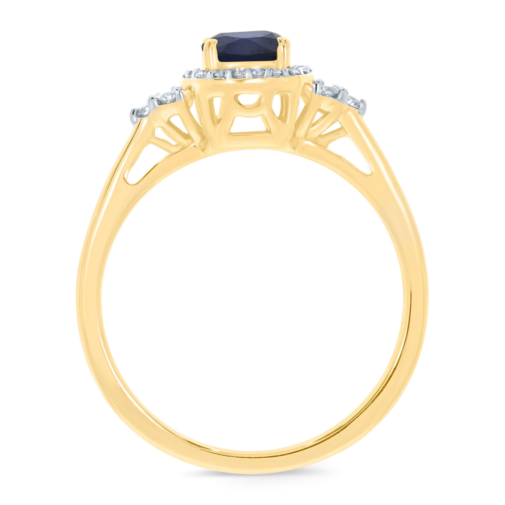 9CT YG RND SAPPH & DIAMOND SQ HALO SET RING