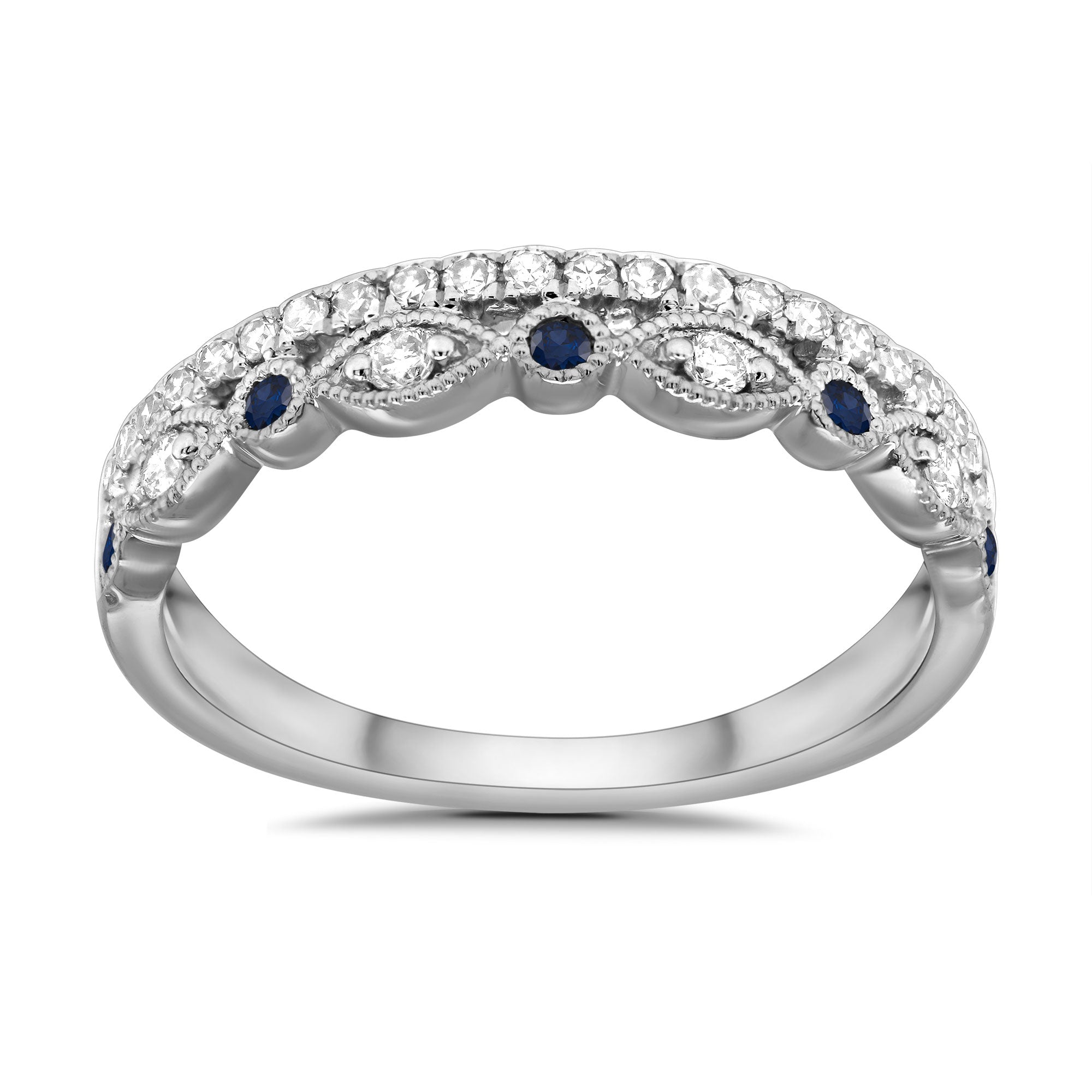 9CT YG "N" 5 SAPPH & DIAM 0.25CT 2 ROW 1/2 ET RING