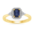 9CT YG REC SAPPH & DIAMOND 0.10CT HALO CLUSTER RING