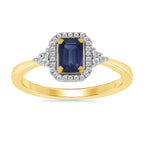 9CT YG REC SAPPH & DIAMOND 0.10CT HALO CLUSTER RING