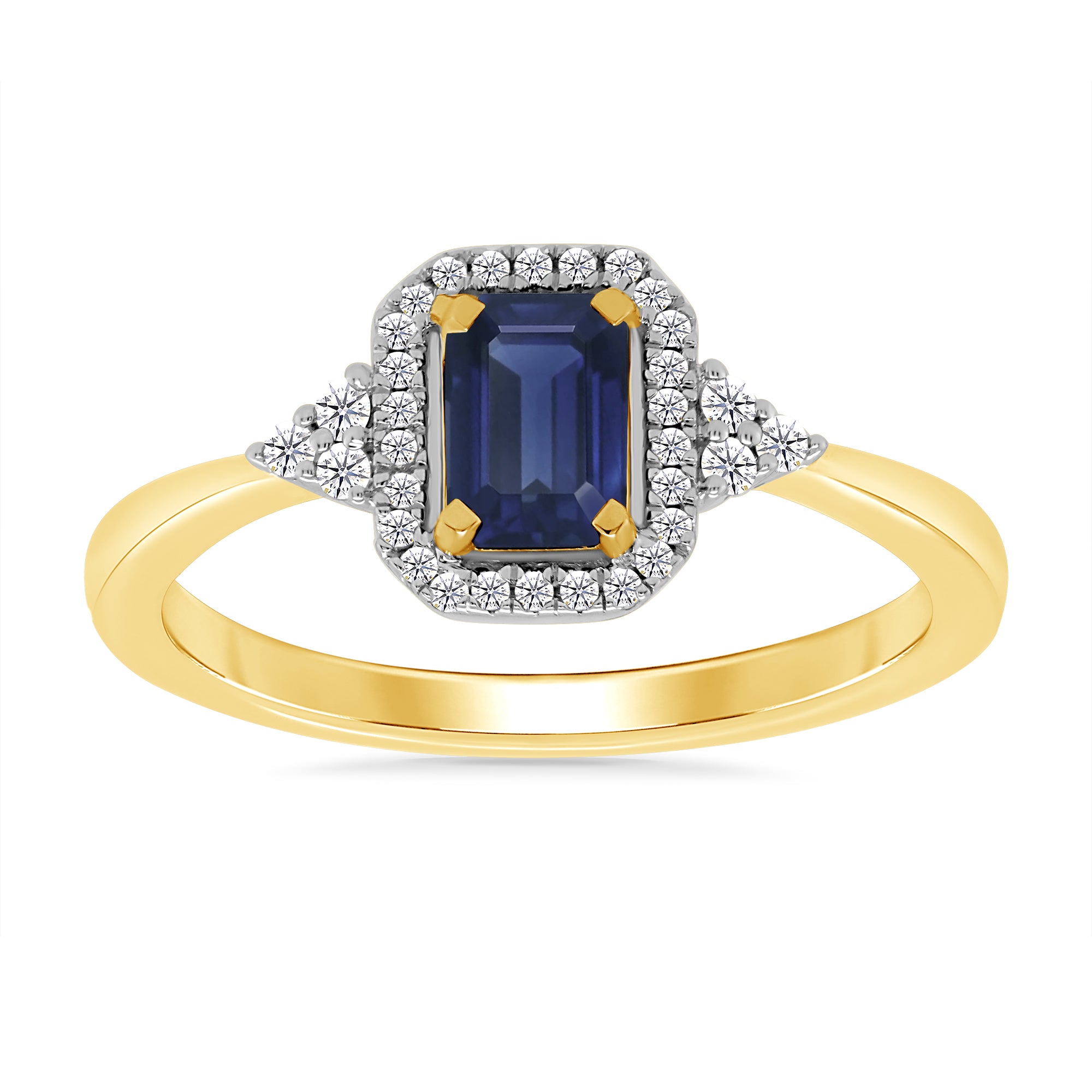 9CT YG REC SAPPH & DIAMOND 0.10CT HALO CLUSTER RING