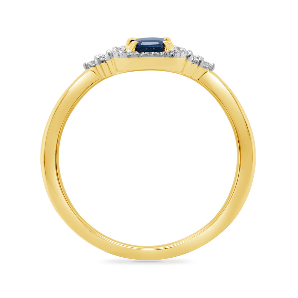 9CT YG REC SAPPH & DIAMOND 0.10CT HALO CLUSTER RING