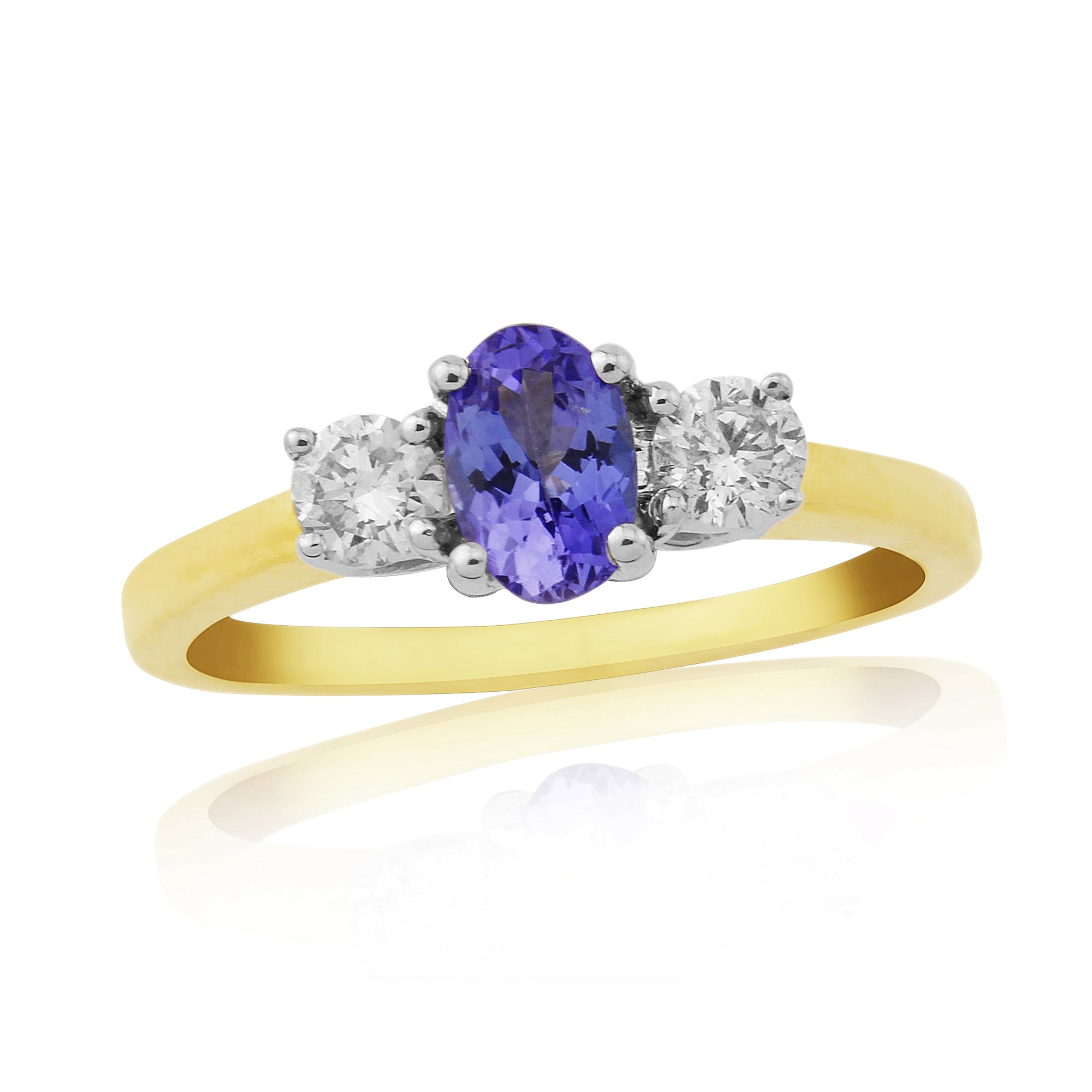 9CT YG OVAL TANZANITE & 2 DIAMOND CLAW SET RING