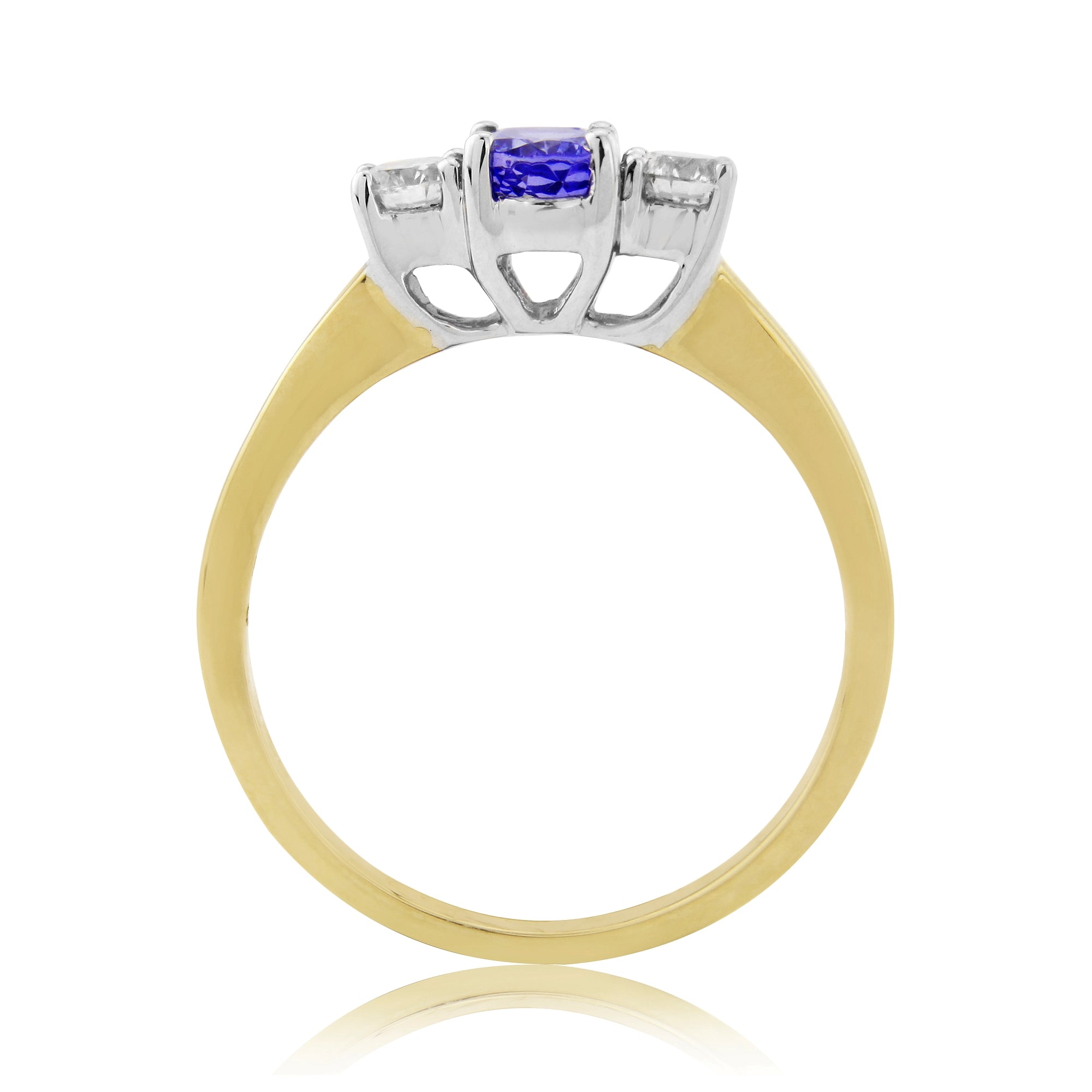 9CT YG OVAL TANZANITE & 2 DIAMOND CLAW SET RING