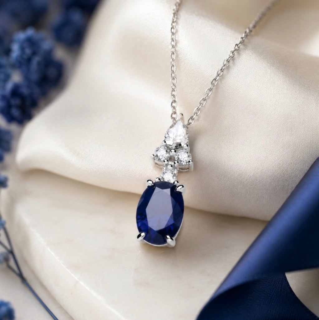 Silver & Oval Sapphire Cubic Zirconia Pendant Necklace