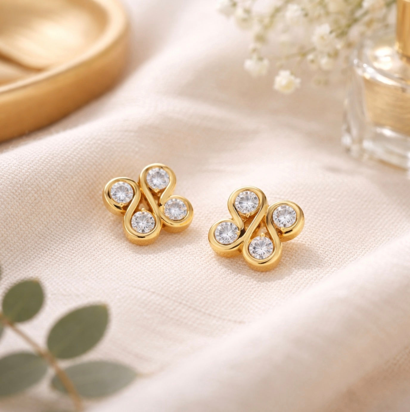 SILVER GOLD VERMEIL CZ ICONIC BOODLED MIRROR MOTIF STUD EARRINGS